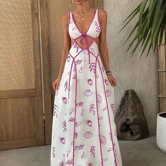 Hot Pink Boho Women's Casual Beach Wedding Party Color Edge Print Dress - Picture 3 of 6